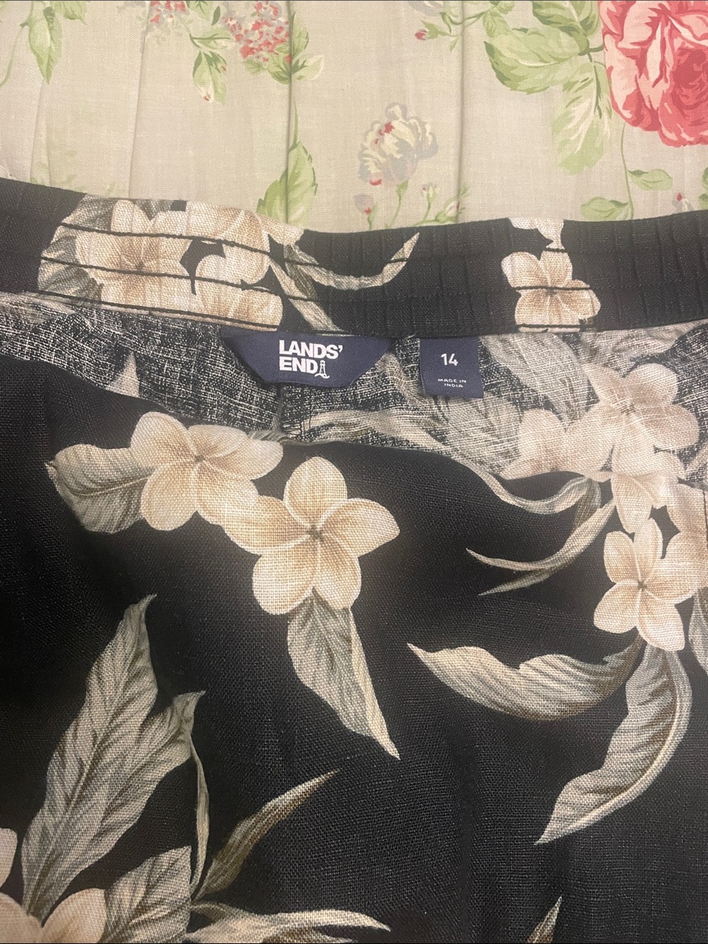 Lands' End Black Floral Midi Skirt with Cream Blooms